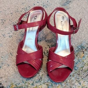 Red Faux Leather Open Toed High Heels